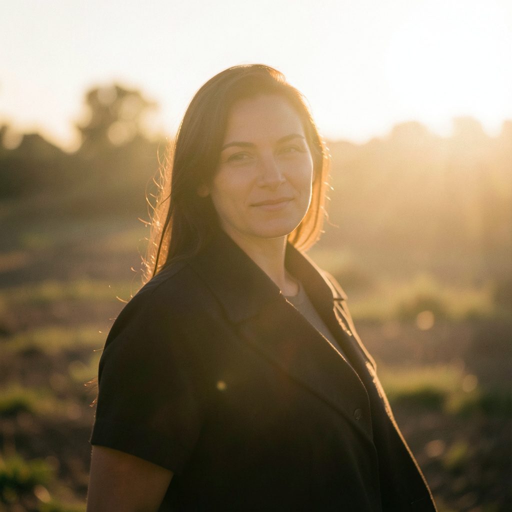Portrait of Kimm Carr, warm and engaging, soft golden lighting