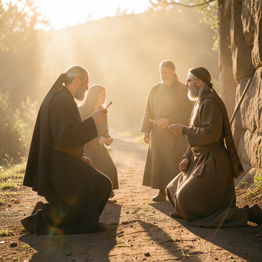 Warm conference gathering, people engaged in conversation under golden light