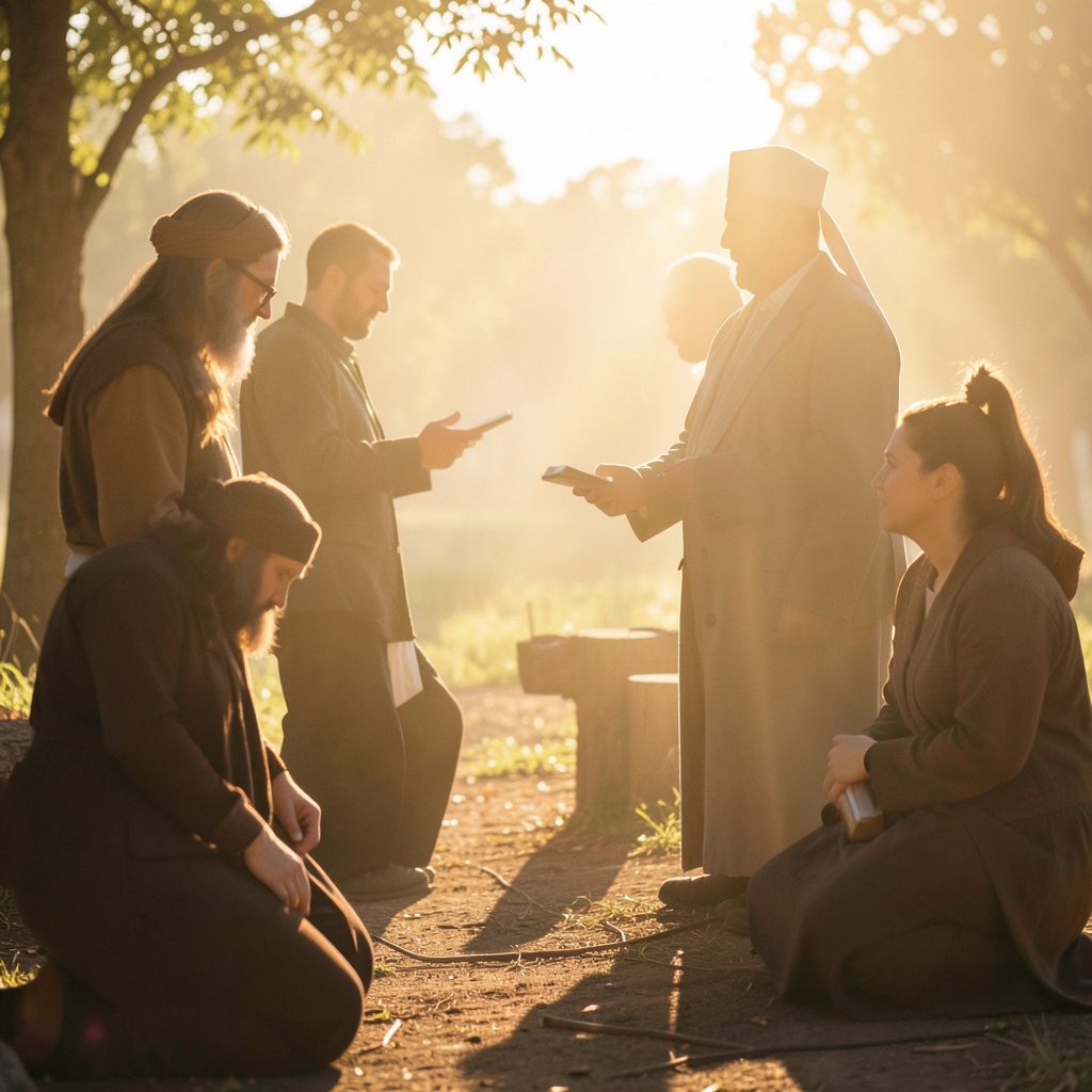 Fellowship moment at a Peacemaker conference, warm amber lighting and welcoming atmosphere