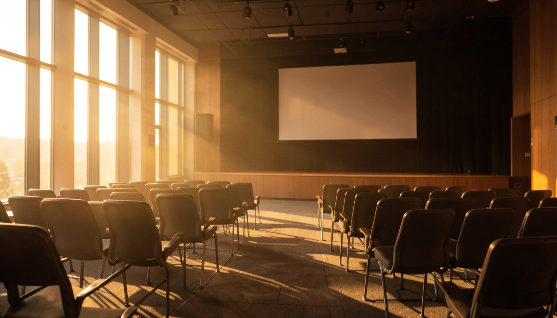 A warmly lit conference room with rows of empty chairs and a stage set for a presentation, bathed in golden-hour light through tall windows