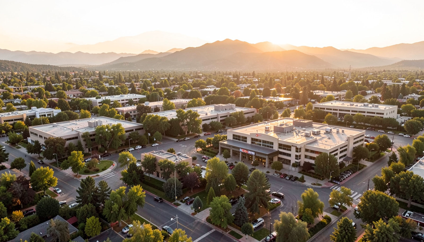 Aerial photograph of the Denver Tech Center area in warm golden-hour light, showing suburban office parks and the Marriott hotel surrounded by tree-lined streets against the distant Rocky Mountain foothills