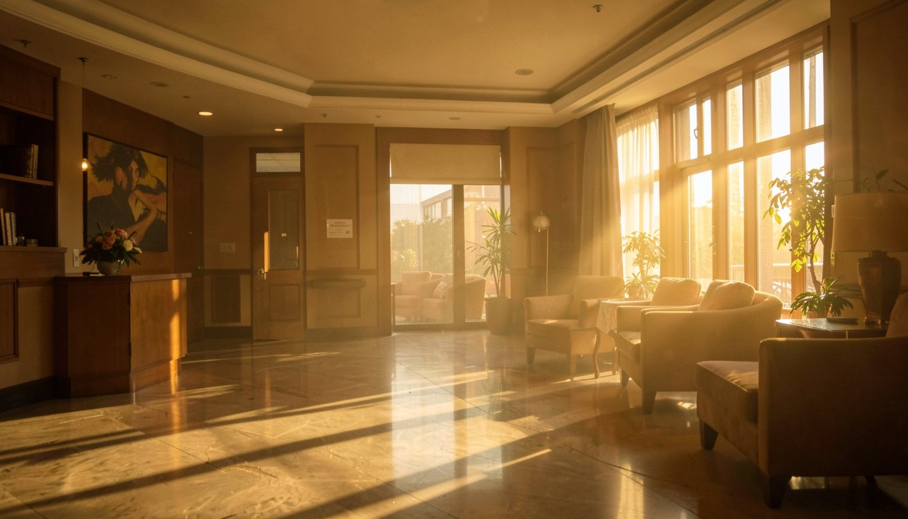 Warm golden-hour light falling across a quiet hotel lobby with soft shadows and a calm, welcoming atmosphere