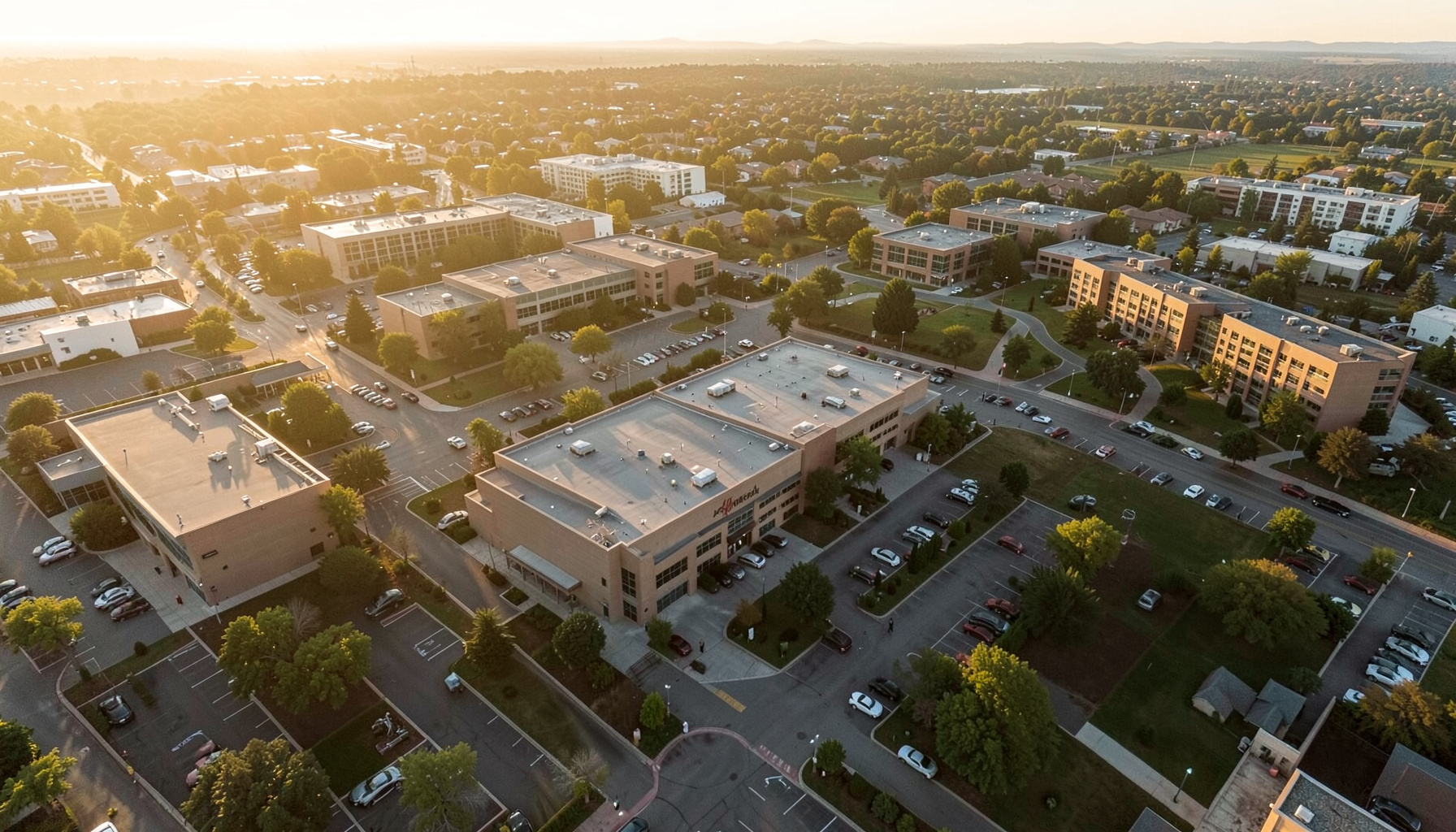 Aerial view of the Denver Tech Center area, warm afternoon light over suburban office park and hotel surroundings